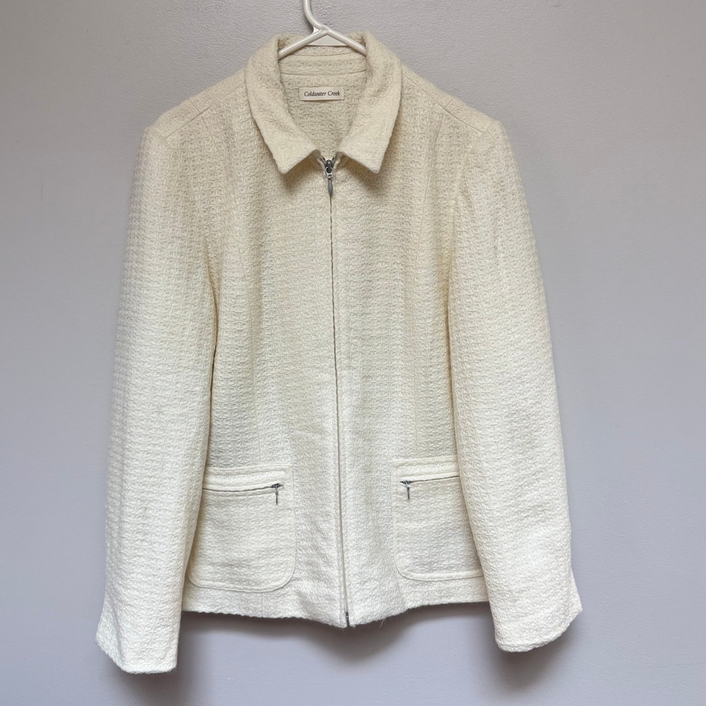 Coldwater Creek Zip Jacket Women L Ivory Boucle Textured Professional